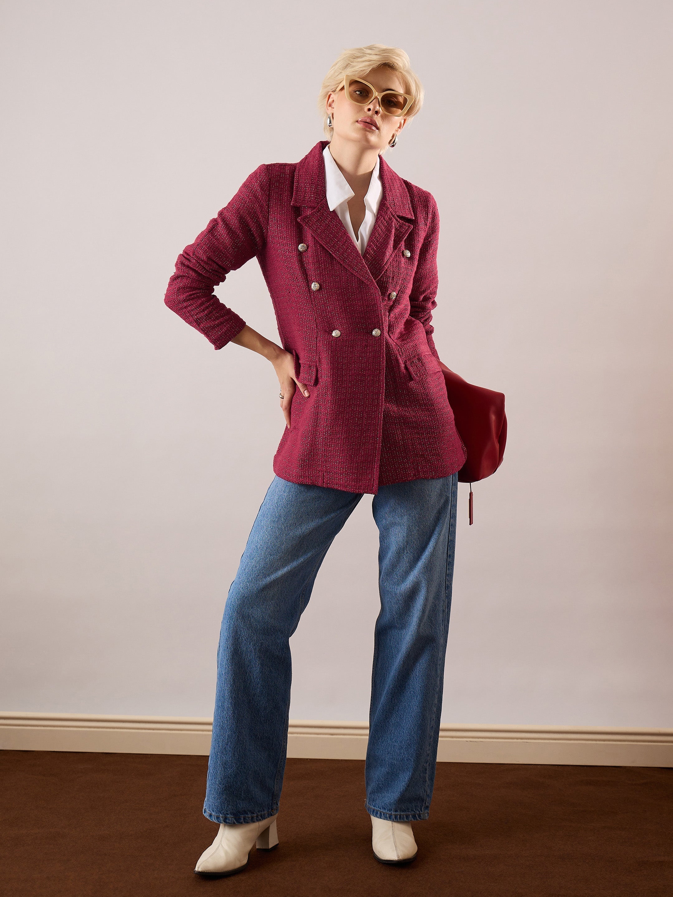 Maroon Tweed Double Breasted Blazer SASSAFRAS