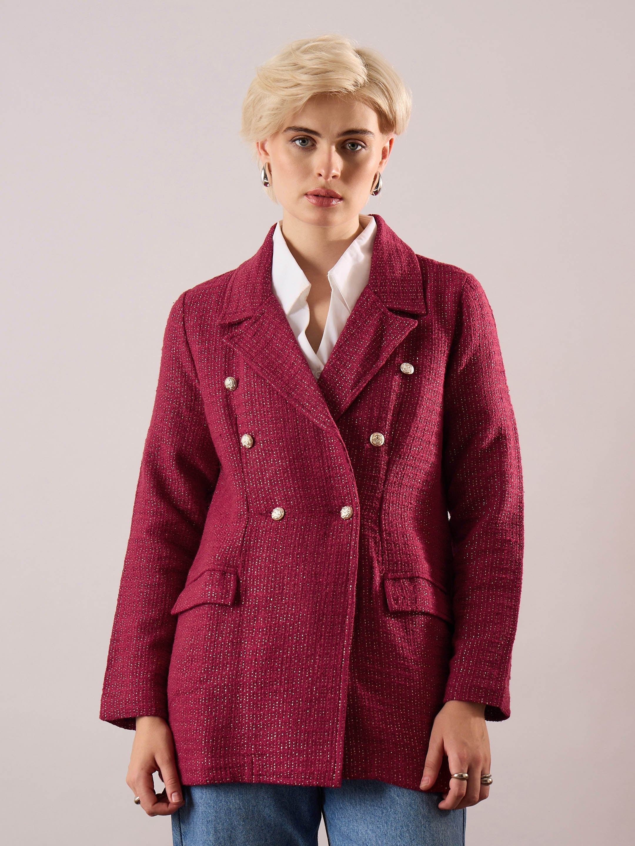 Maroon Tweed Double Breasted Blazer SASSAFRAS
