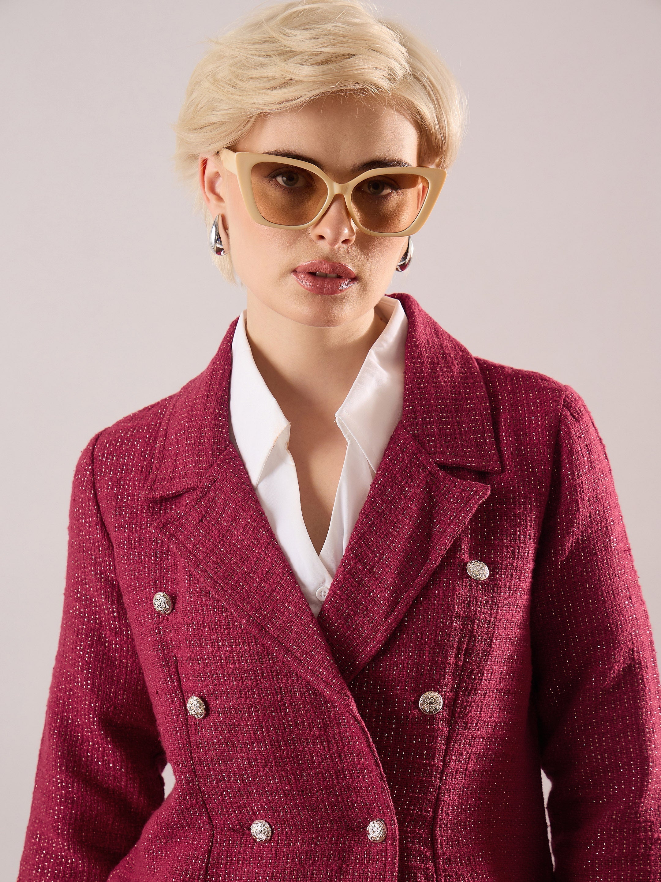 Maroon Tweed Double Breasted Blazer SASSAFRAS