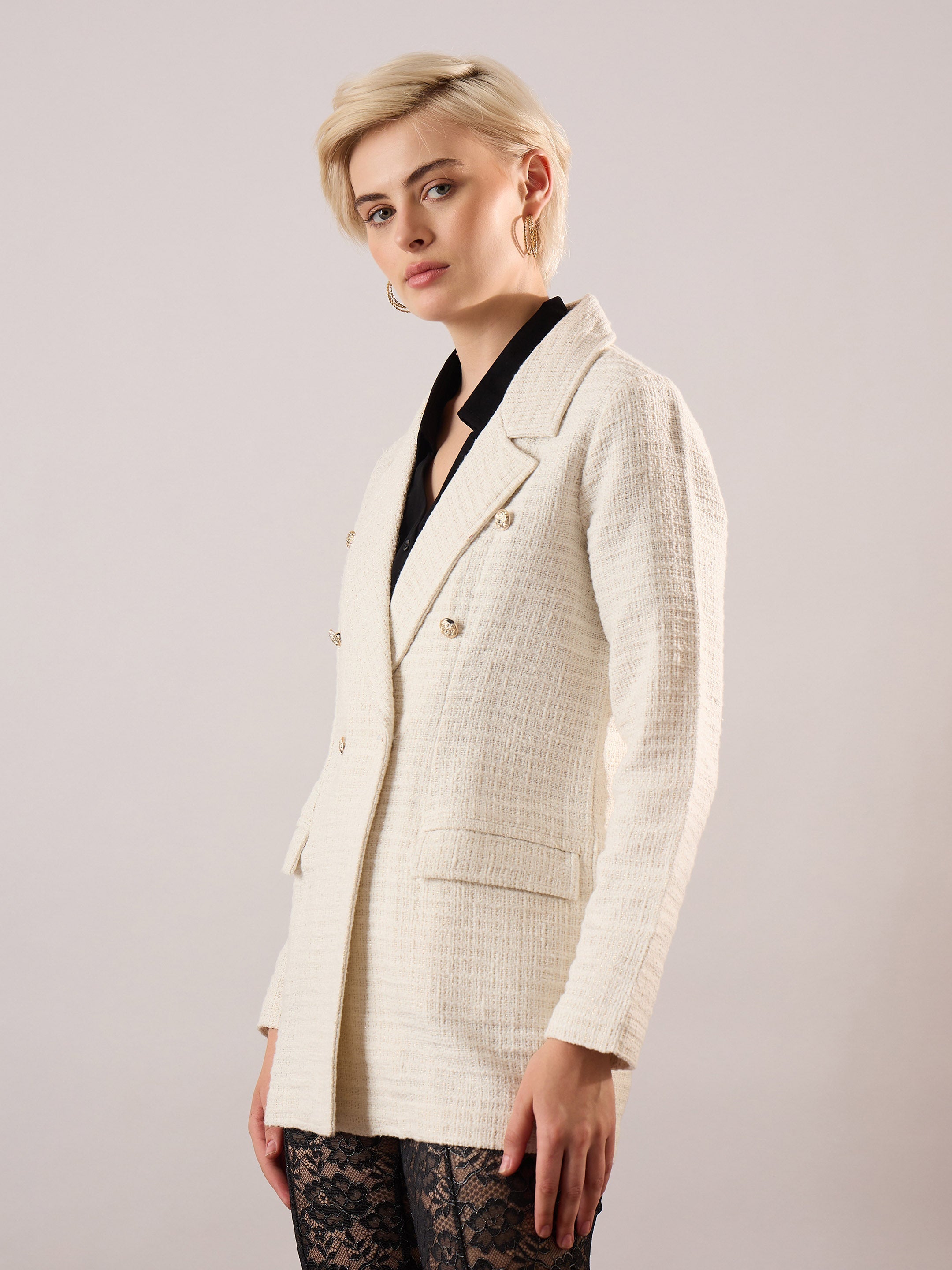 White Tweed Double Breasted Blazer SASSAFRAS