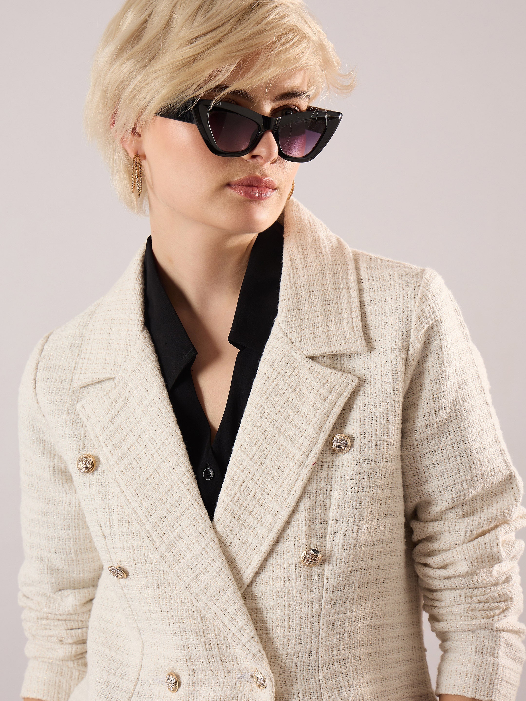 White Tweed Double Breasted Blazer SASSAFRAS