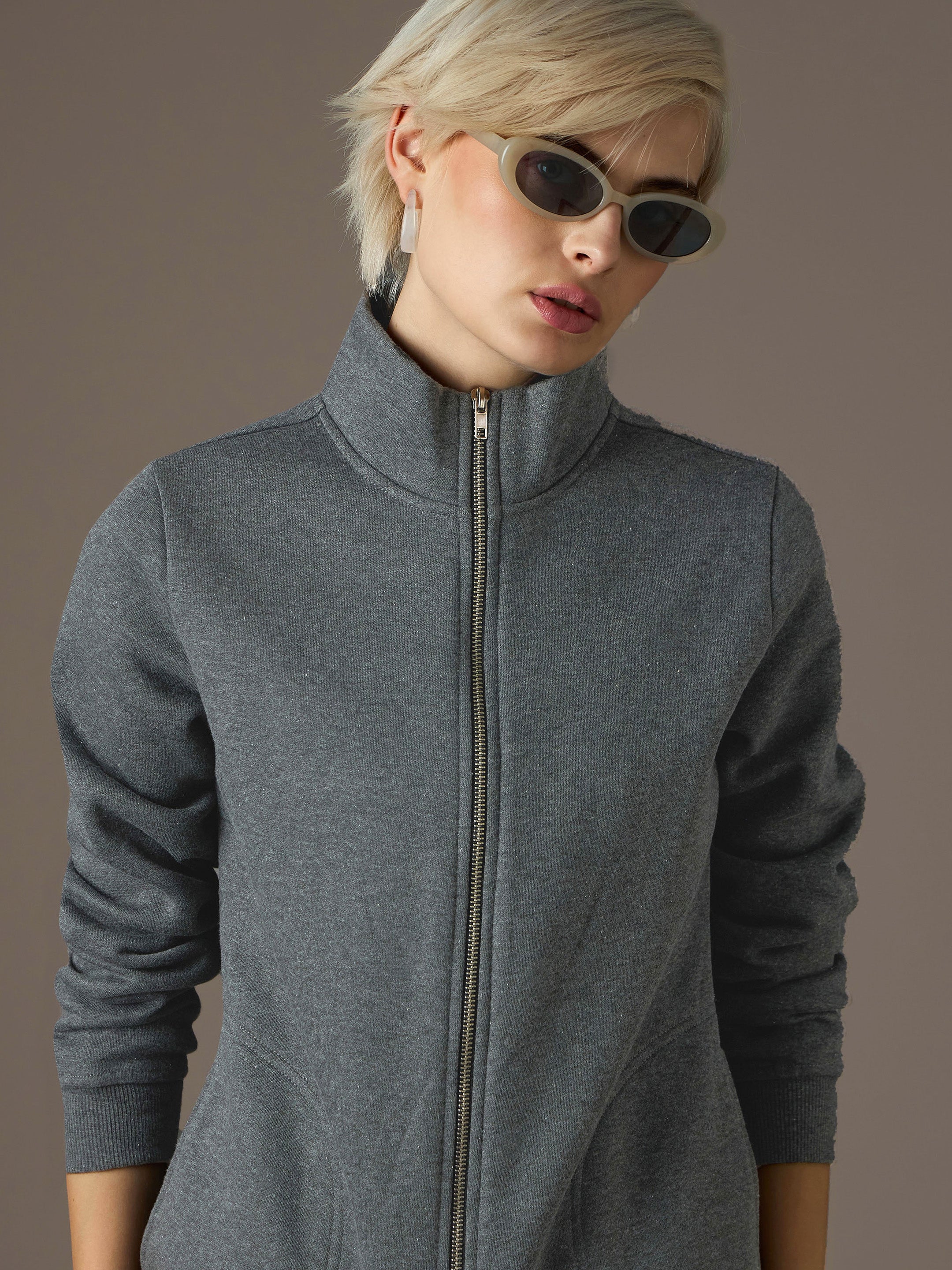 Dark Grey Fleece Front Zipper Jacket SASSAFRAS