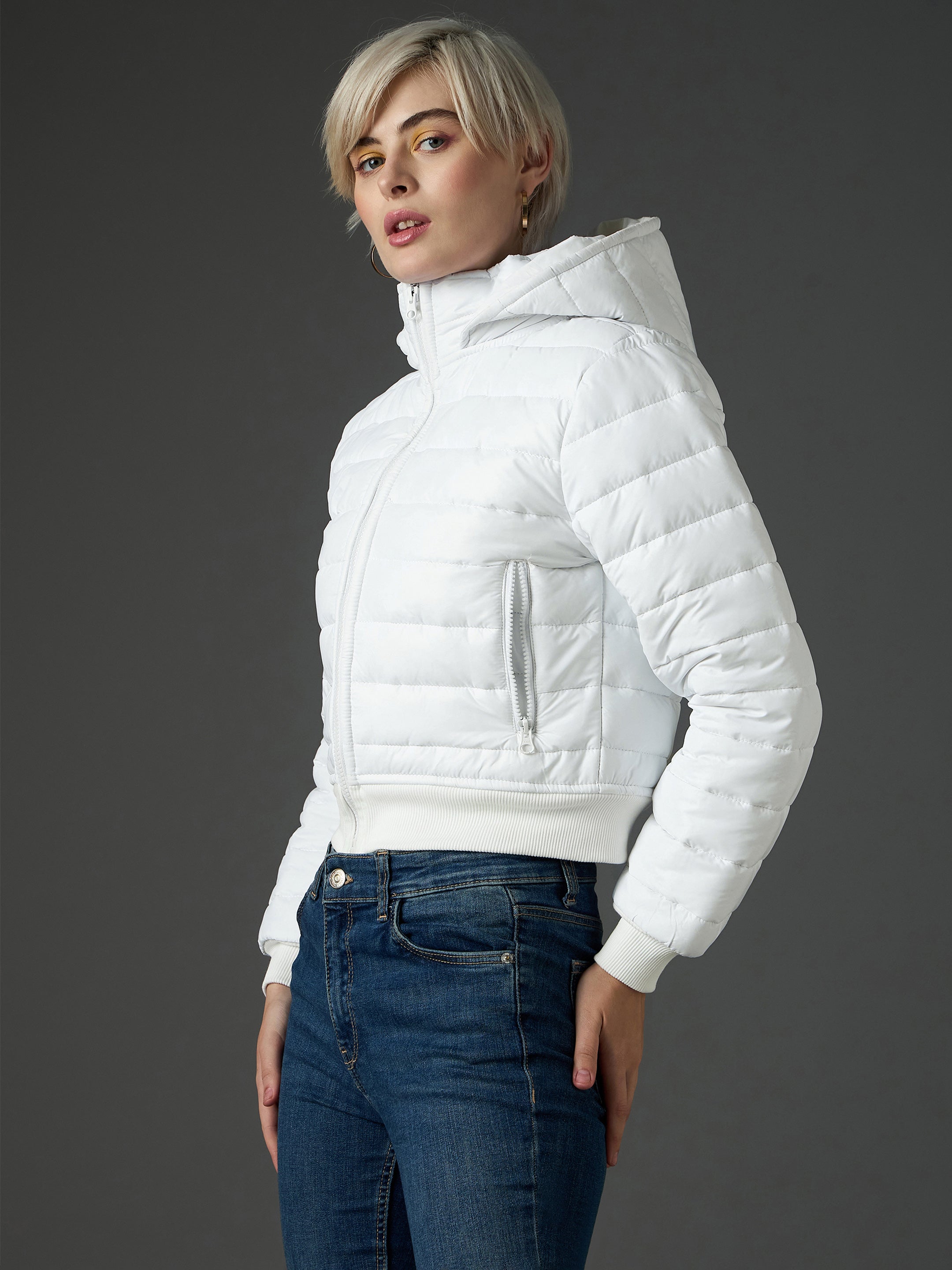 white hooded crop bomber puffer jacket sassafras