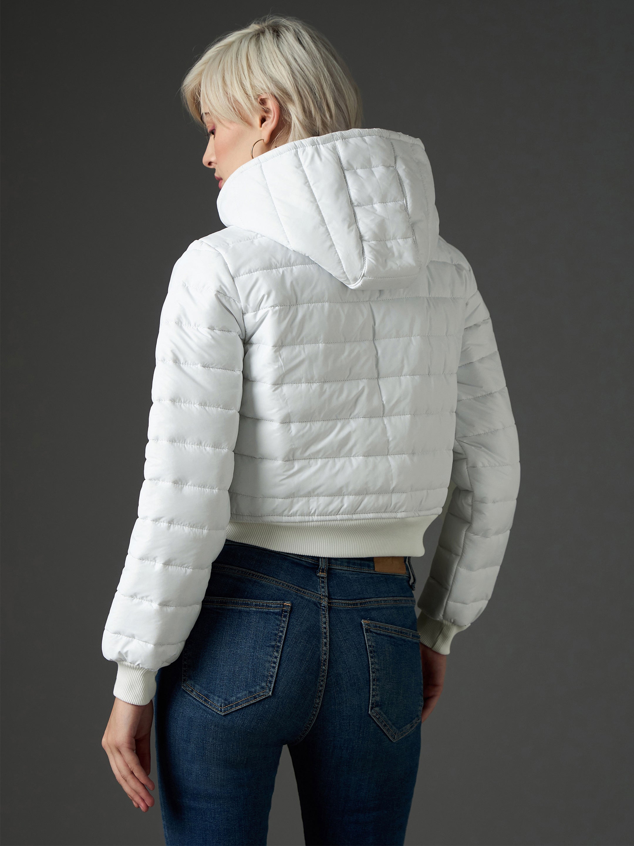white hooded crop bomber puffer jacket sassafras
