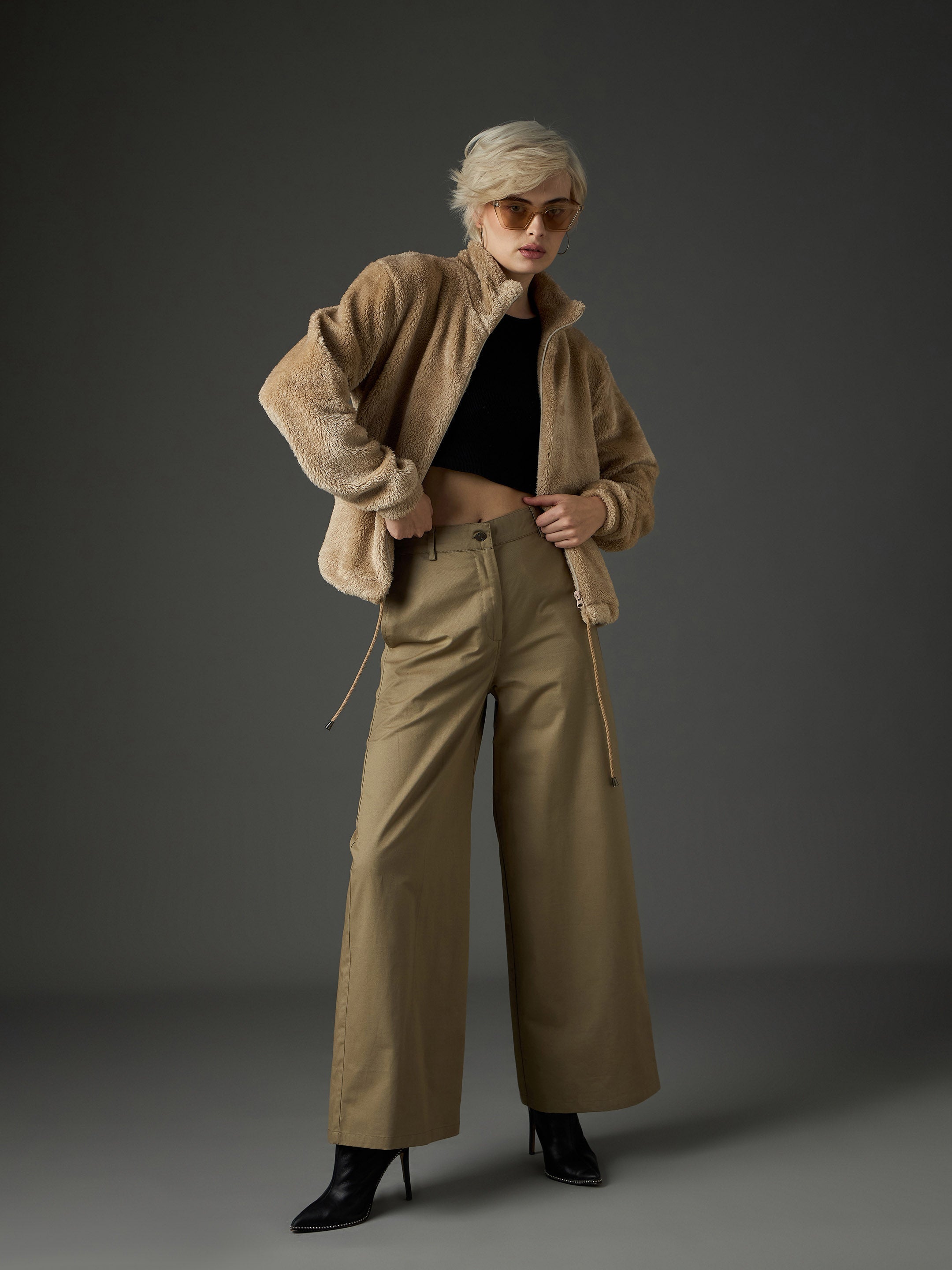 beige drawstring faux fur jacket sassafras