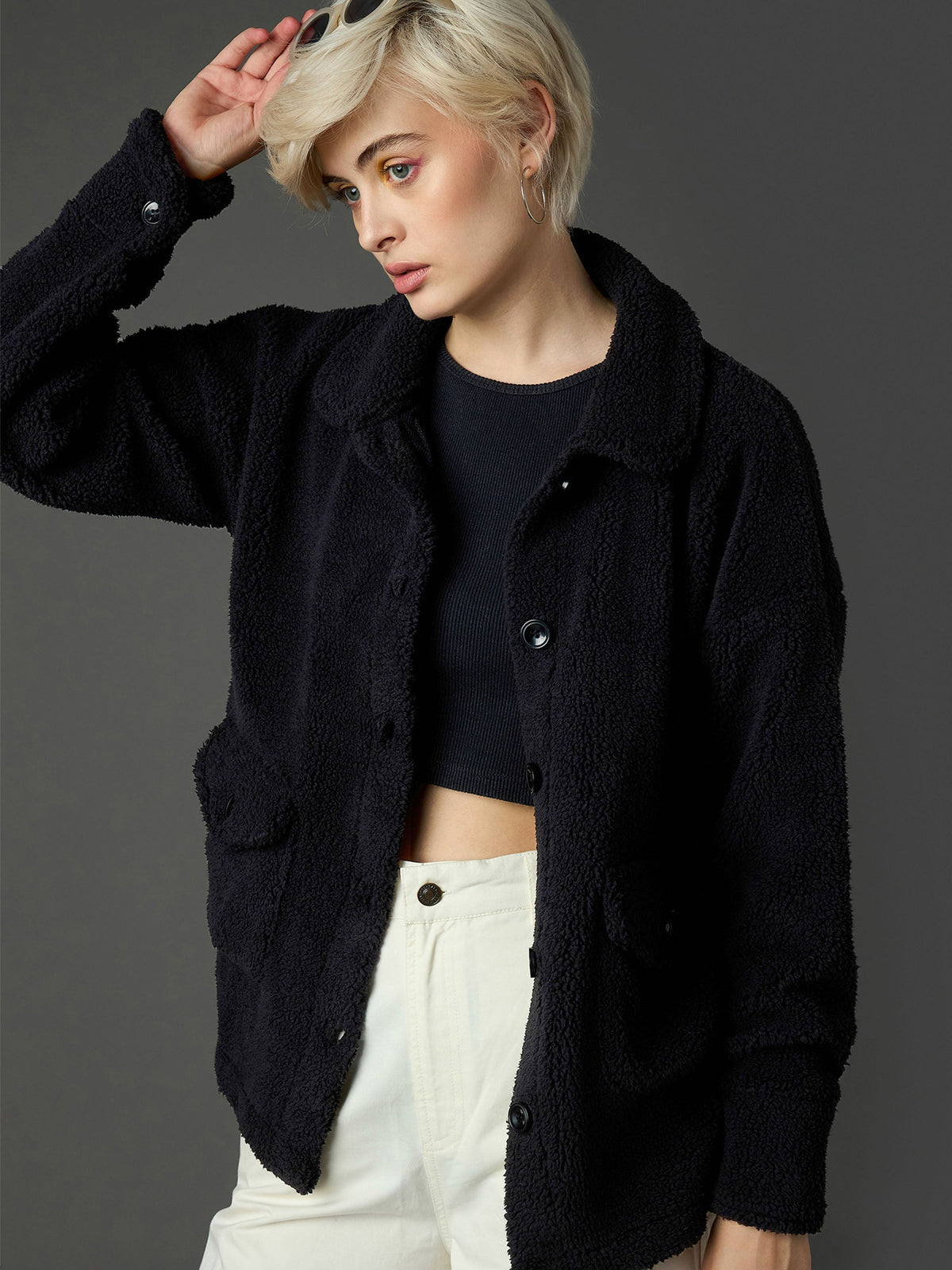 black faux fur oversized jacket sassafras