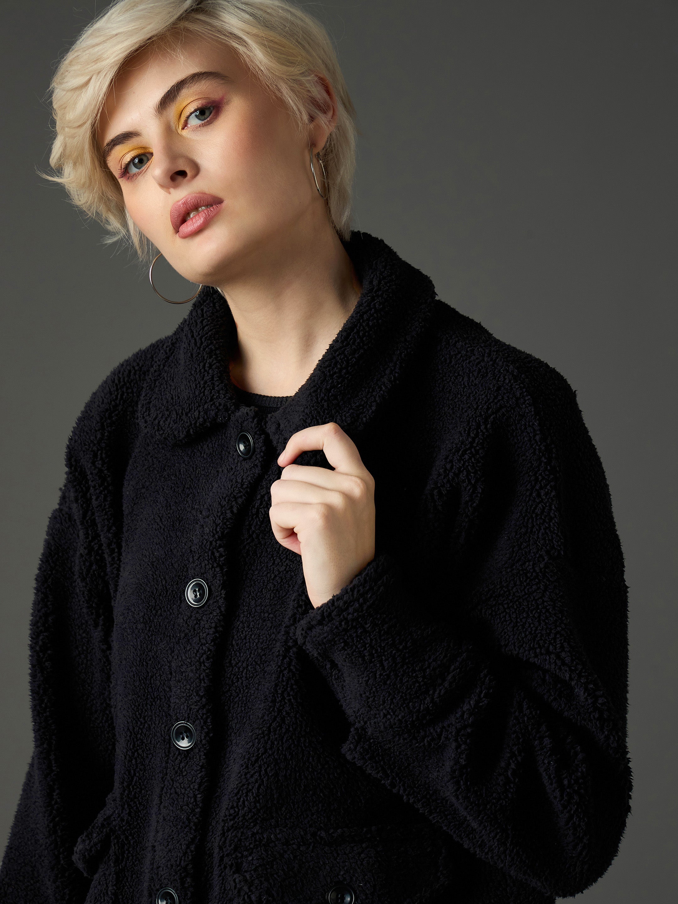 black faux fur oversized jacket sassafras