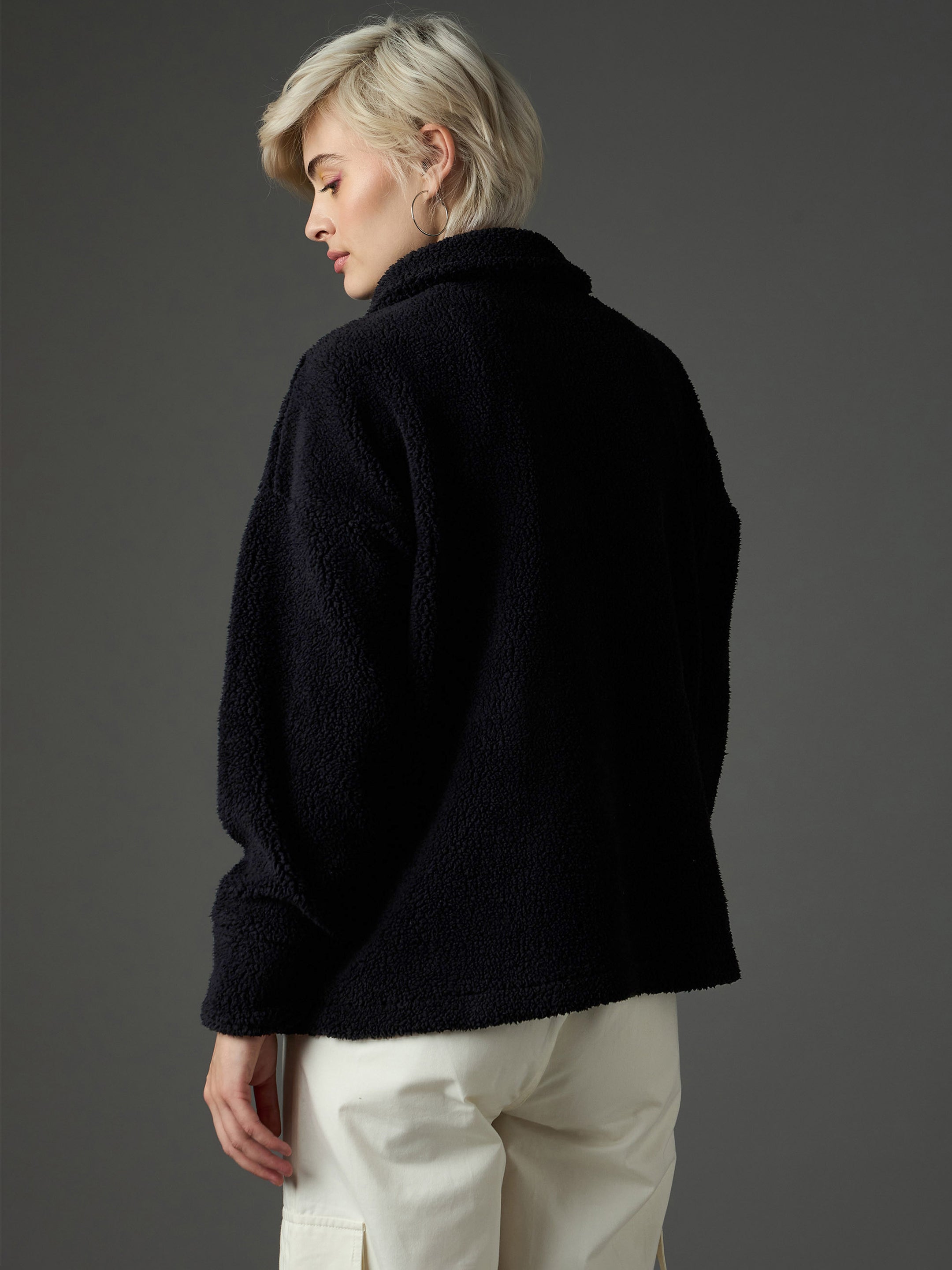 black faux fur oversized jacket sassafras