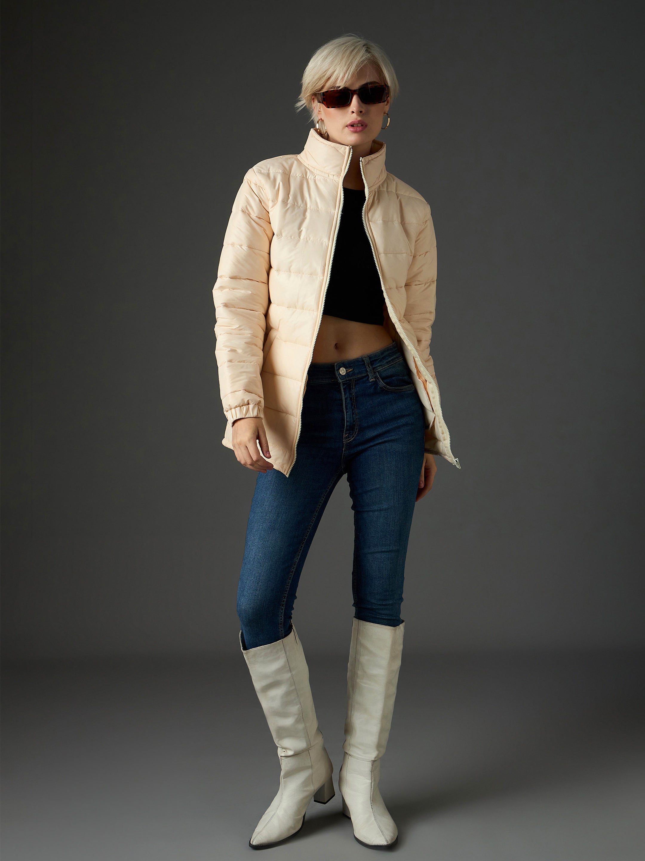 peach high neck horizontal quilt puffer jacket sassafras