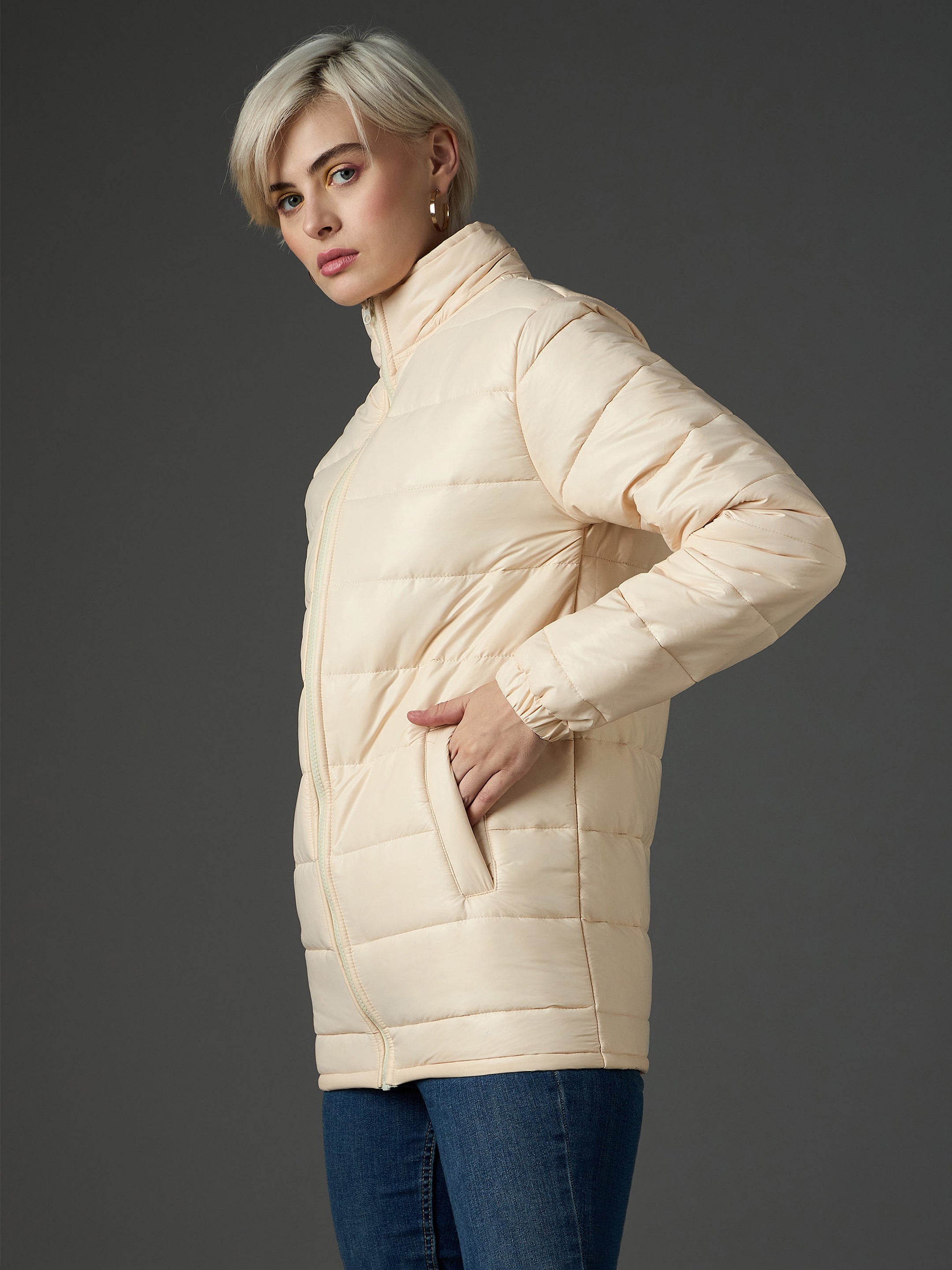 peach high neck horizontal quilt puffer jacket sassafras