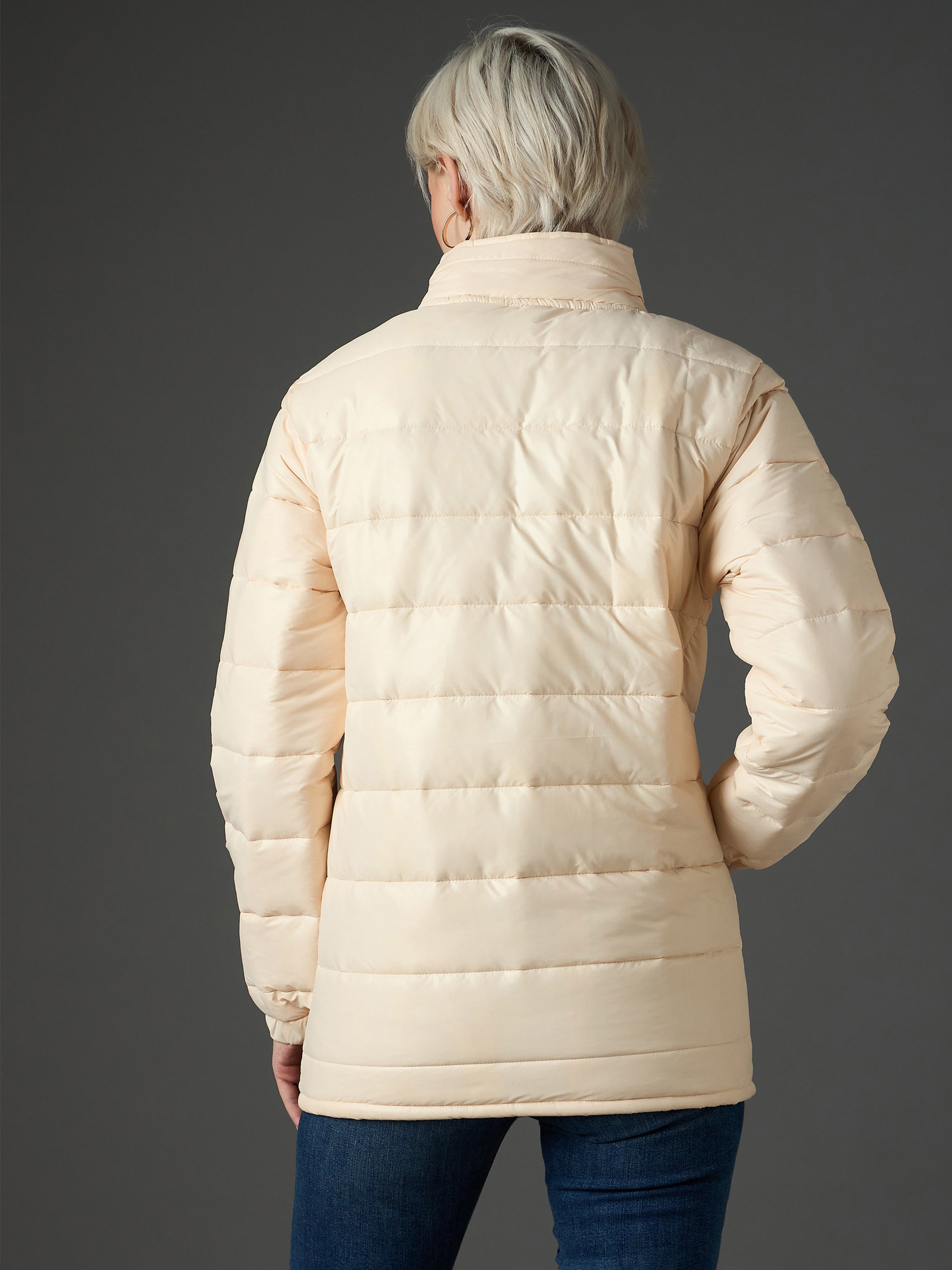 peach high neck horizontal quilt puffer jacket sassafras