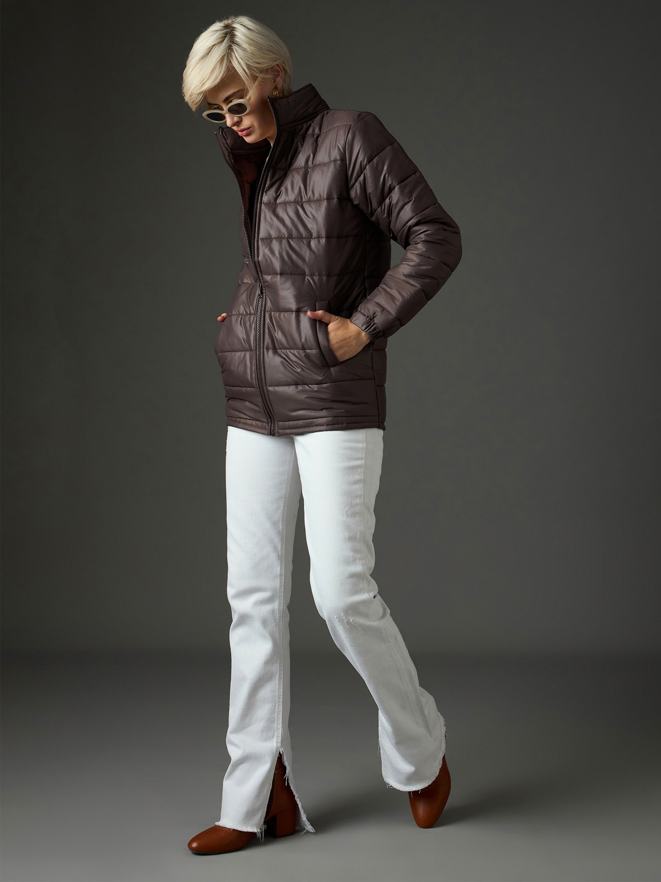 brown high neck horizontal quilt puffer jacket sassafras