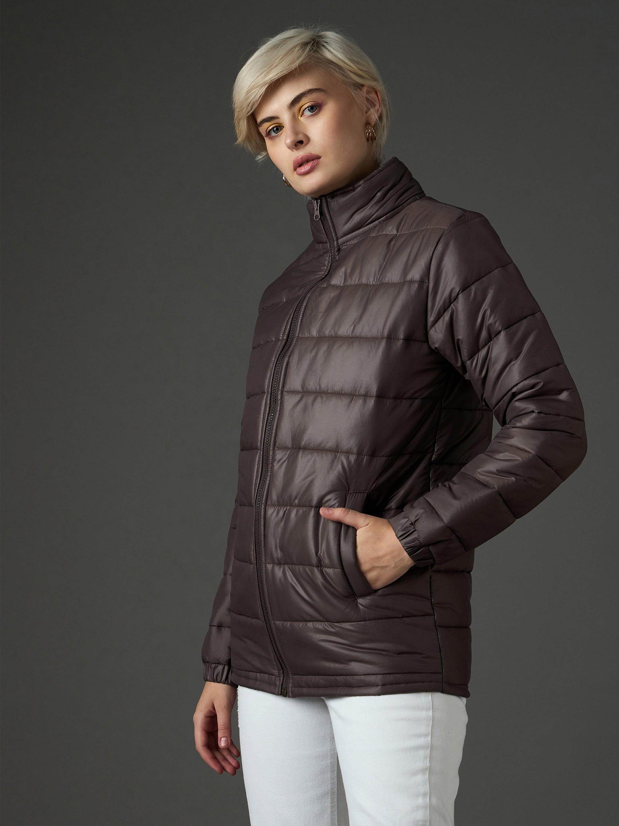 brown high neck horizontal quilt puffer jacket sassafras