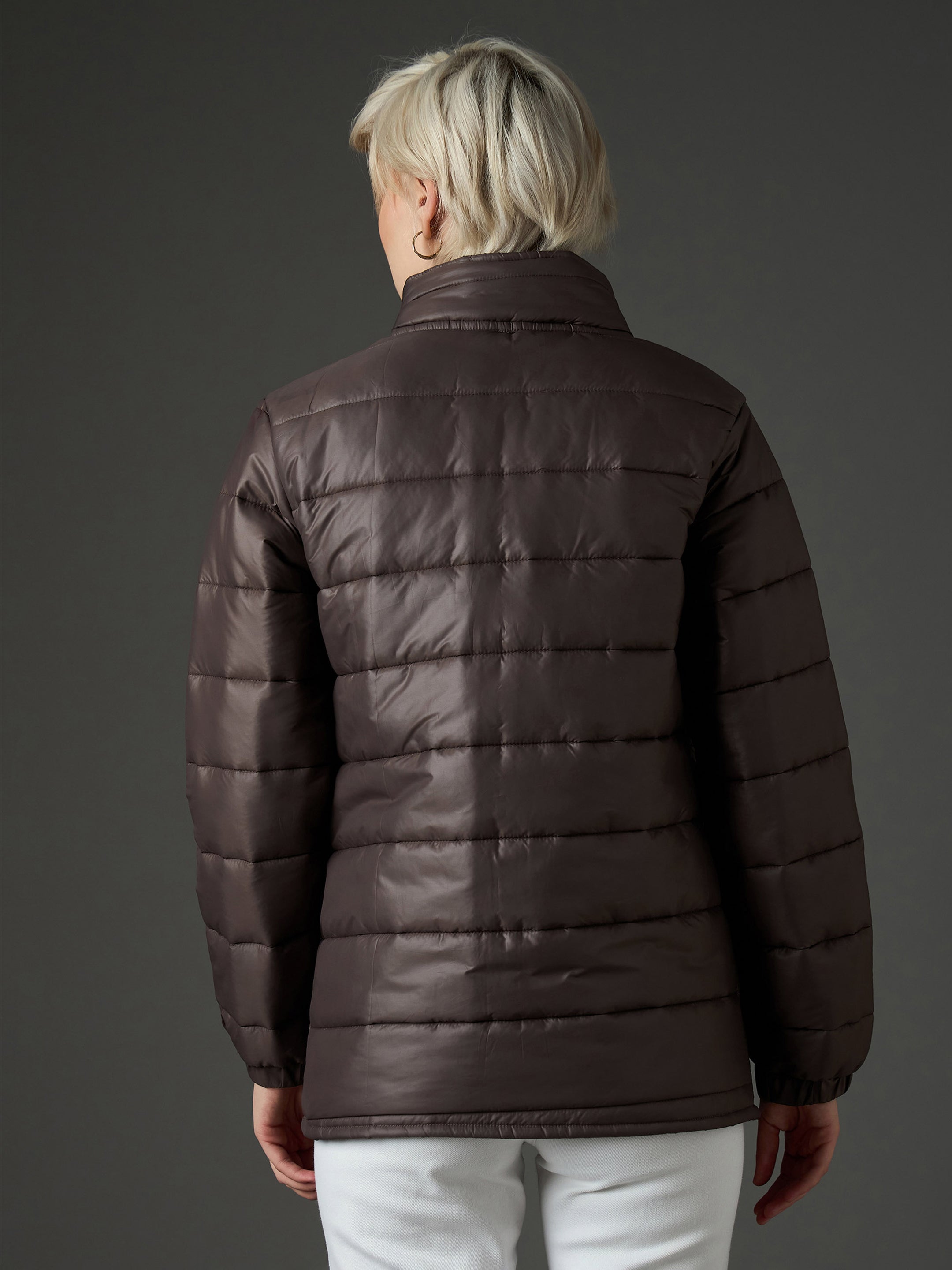 brown high neck horizontal quilt puffer jacket sassafras