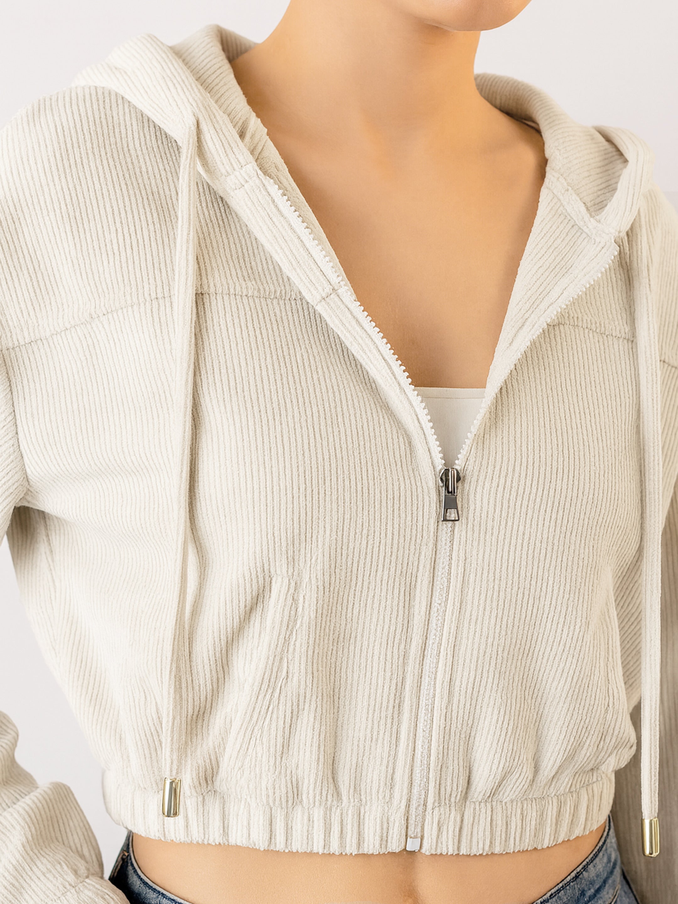 white hooded boxy corduroy crop jacket sassafras