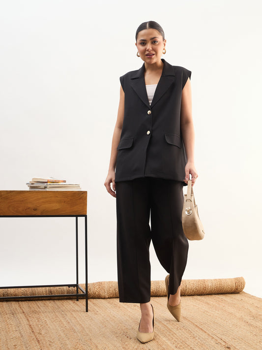 Black Notch Collar Oversize Sleeveless Blazer-SASSAFRAS worklyf