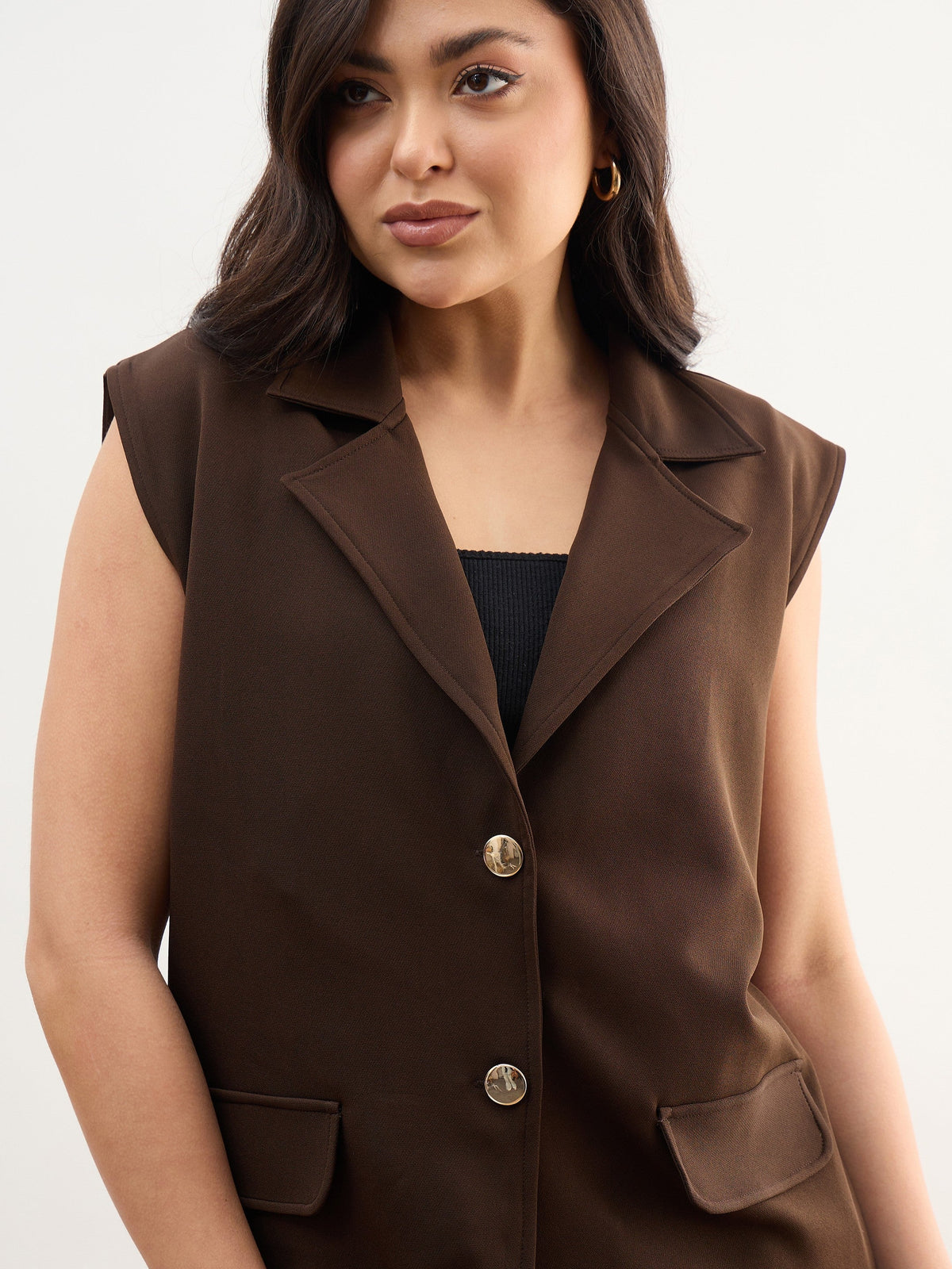 Coffee Brown Notch Collar Oversize Sleeveless Blazer-SASSAFRAS worklyf