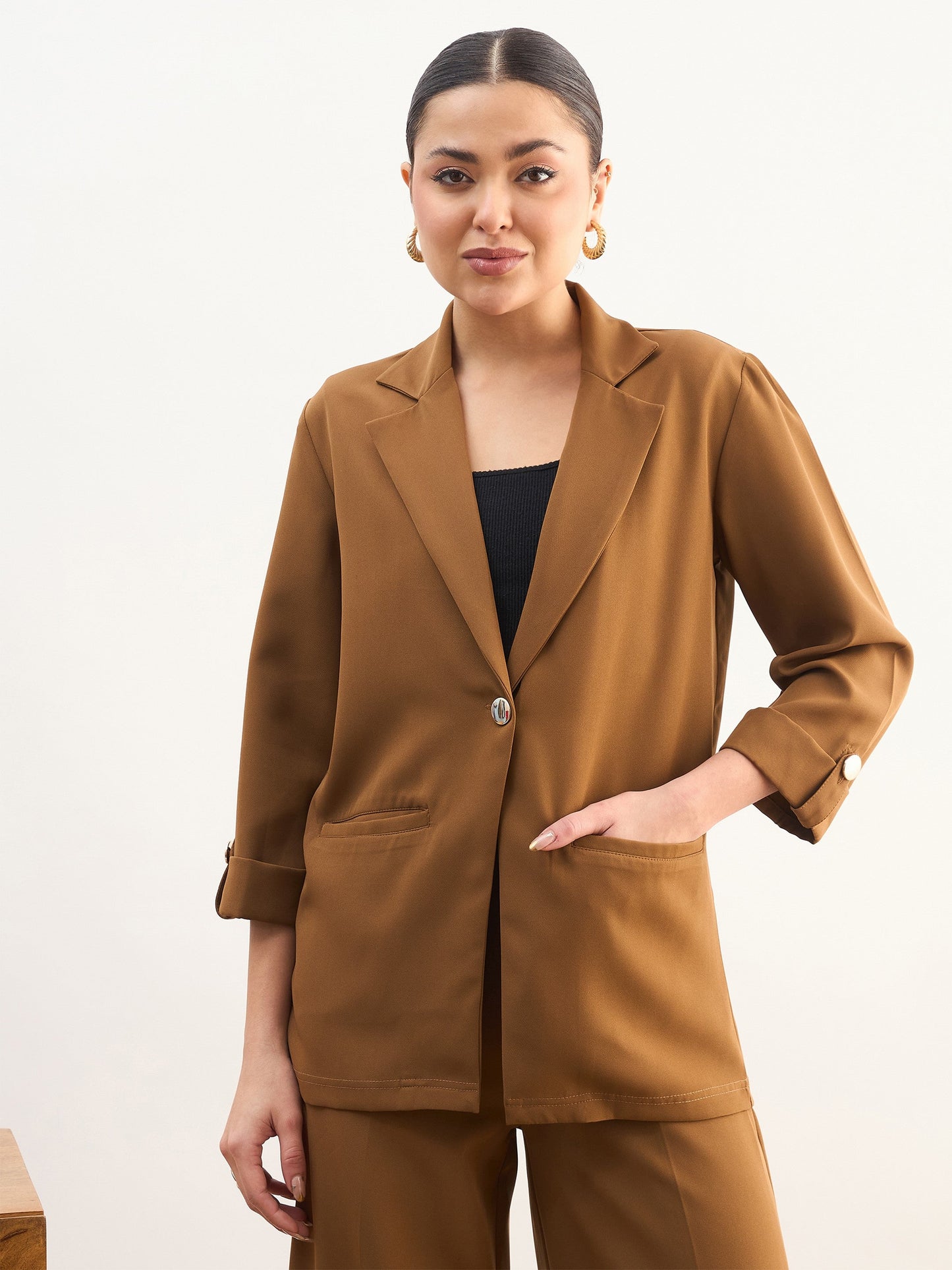 Tan Brown Front Button Notch Collar Blazer-SASSAFRAS worklyf