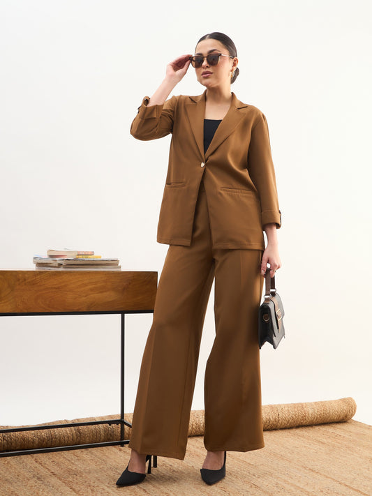 Tan Brown Front Button Notch Collar Blazer-SASSAFRAS worklyf