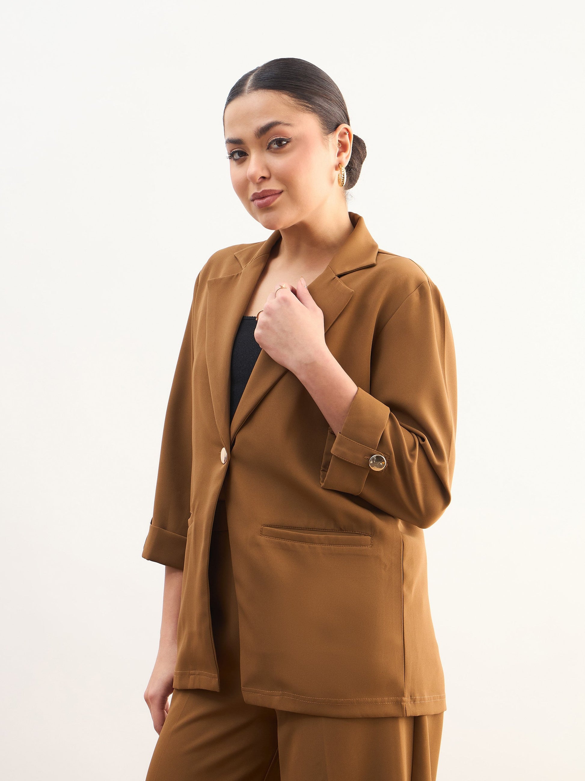 Tan Brown Front Button Notch Collar Blazer-SASSAFRAS worklyf