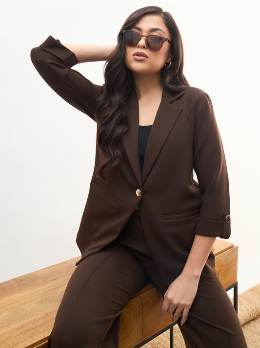 Coffee Brown Front Button Notch Collar Blazer-SASSAFRAS worklyf