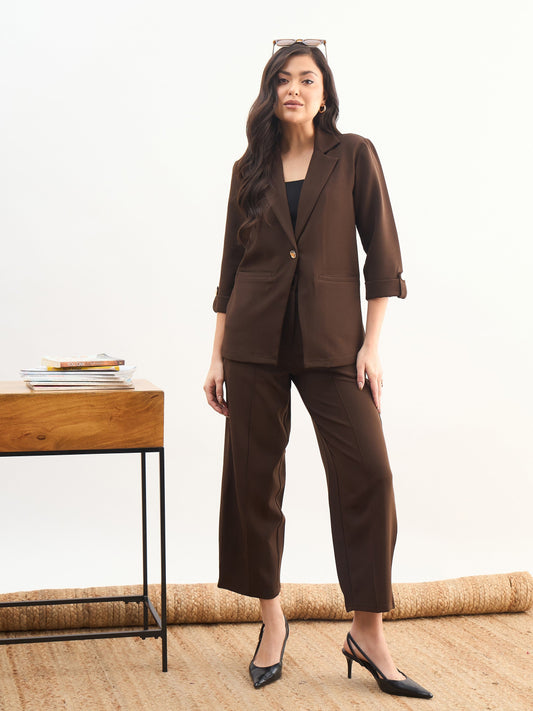 Coffee Brown Front Button Notch Collar Blazer-SASSAFRAS worklyf