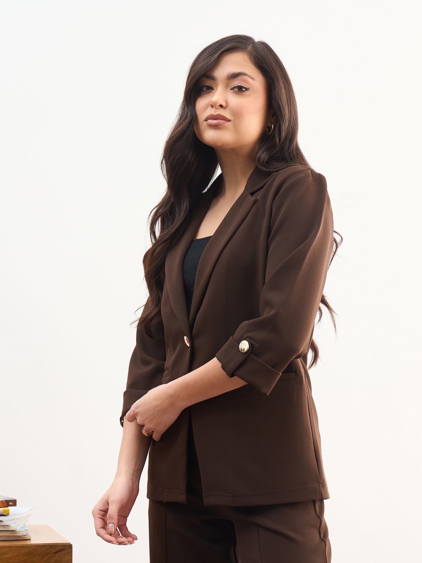 Coffee Brown Front Button Notch Collar Blazer-SASSAFRAS worklyf