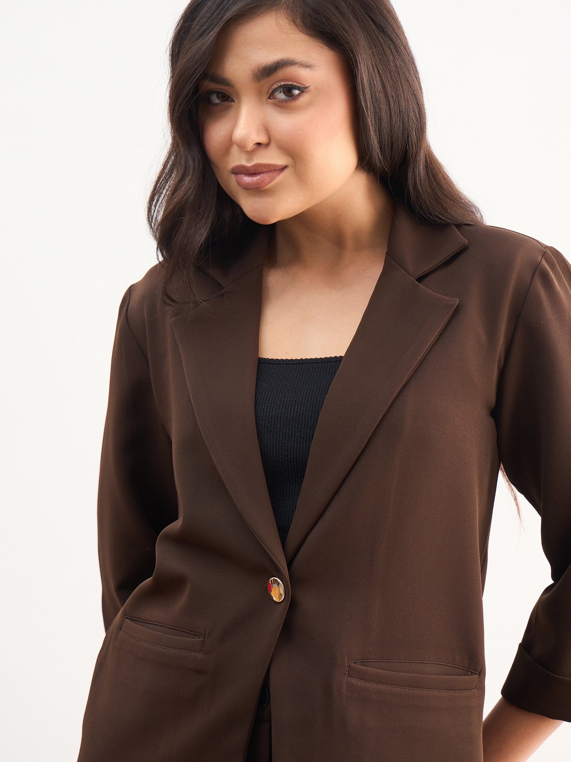Coffee Brown Front Button Notch Collar Blazer-SASSAFRAS worklyf