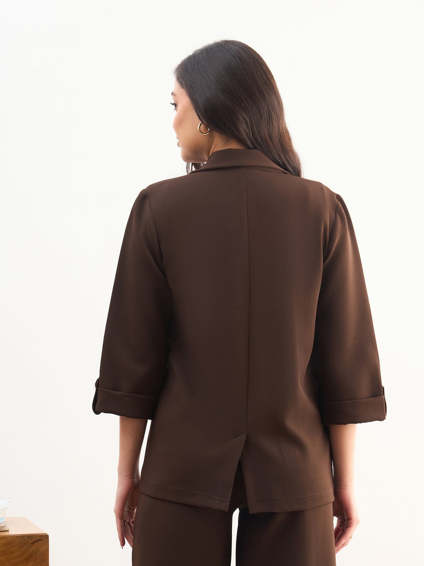 Coffee Brown Front Button Notch Collar Blazer-SASSAFRAS worklyf