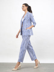 Women Blue Linen Striped Front Open Blazer