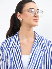 Women Blue Linen Striped Front Open Blazer