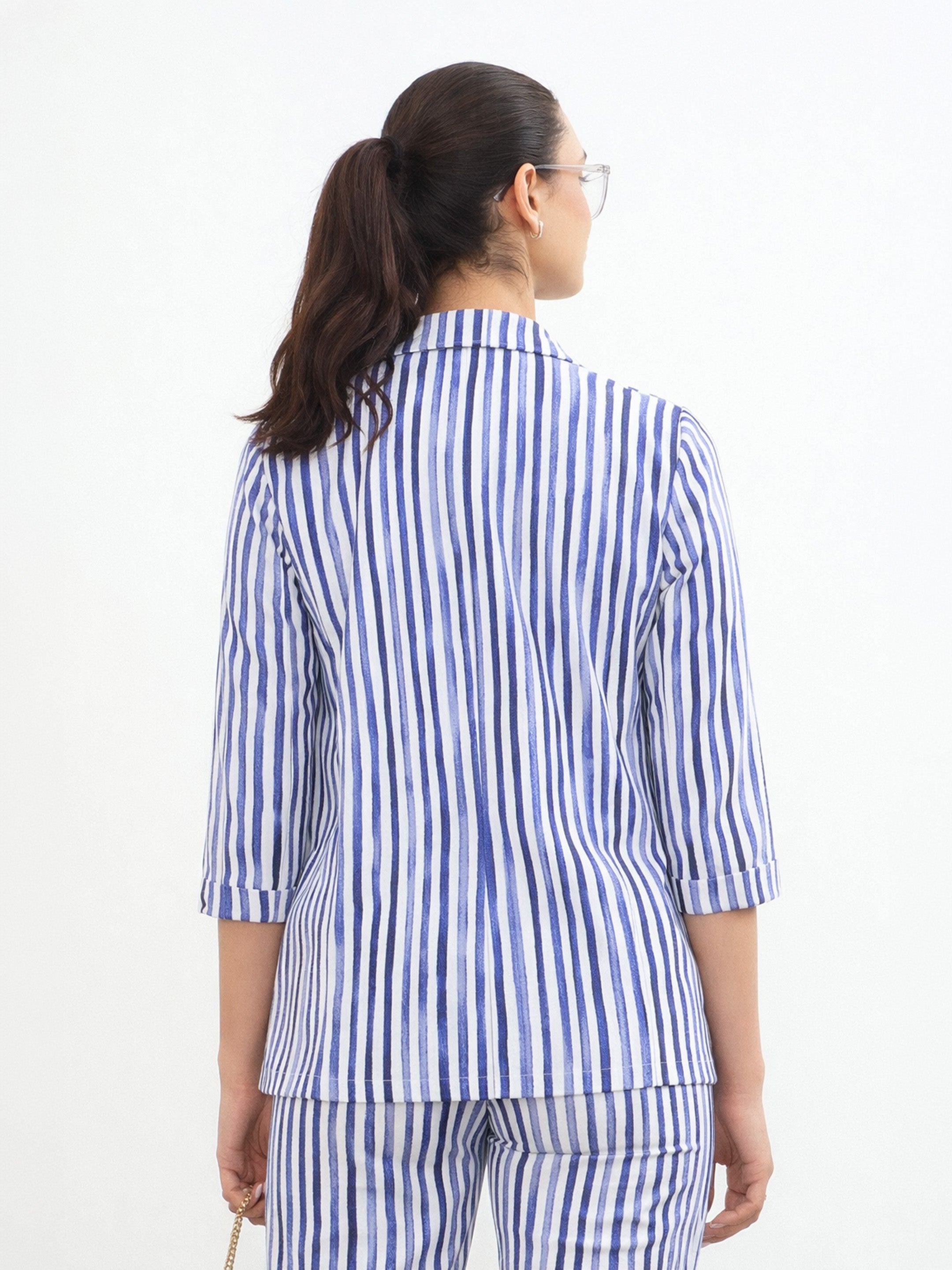 Women Blue Linen Striped Front Open Blazer