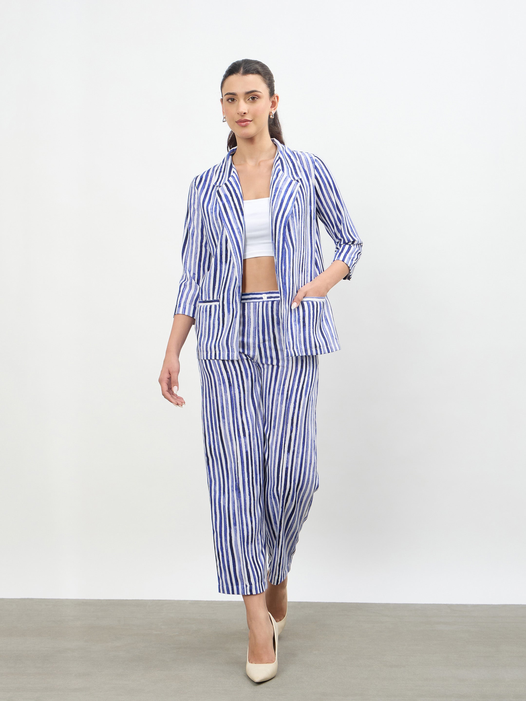 Women Blue Linen Striped Front Open Blazer