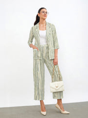 Women Green Linen Striped Front Open Blazer