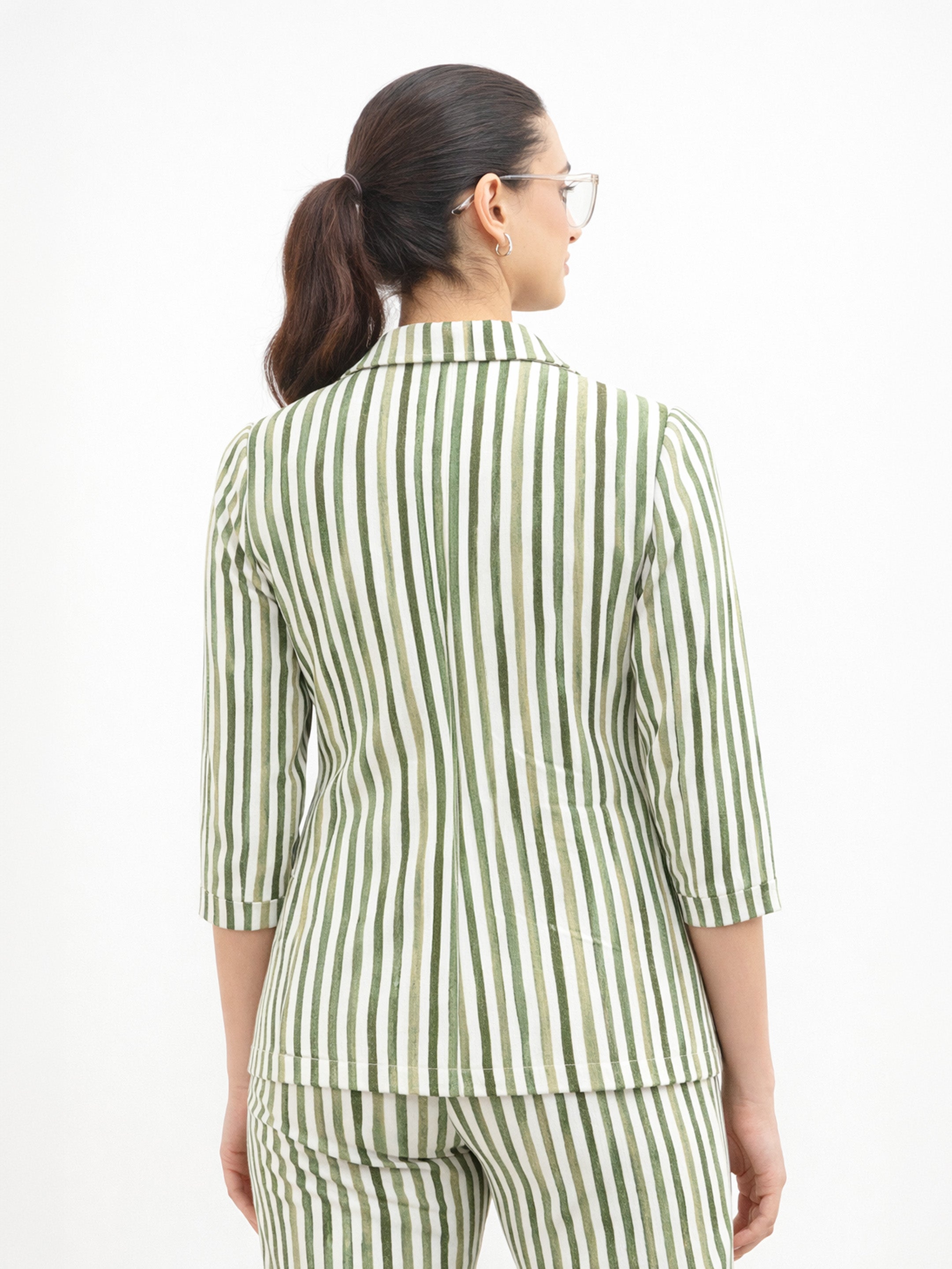 Women Green Linen Striped Front Open Blazer