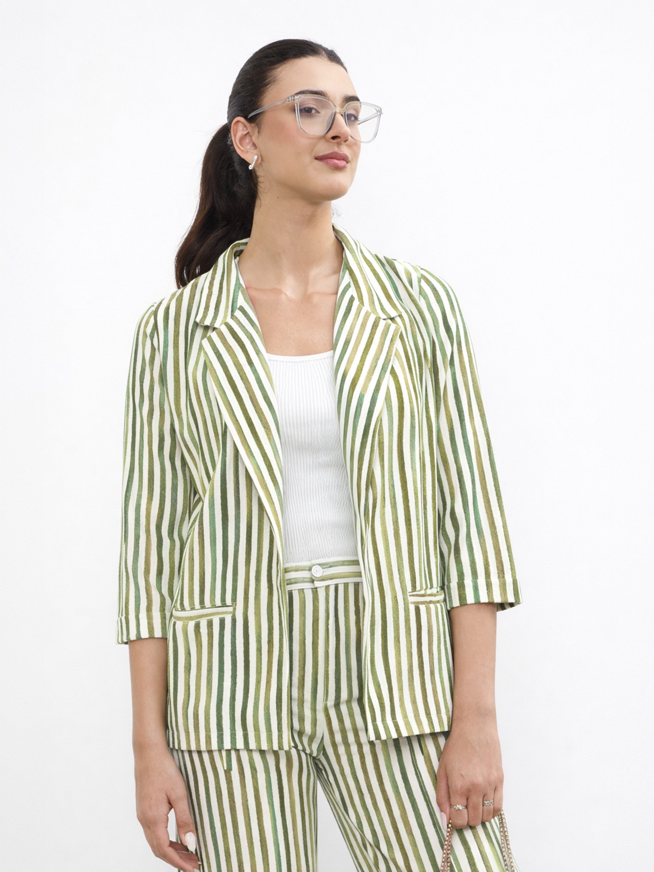 Women Green Linen Striped Front Open Blazer