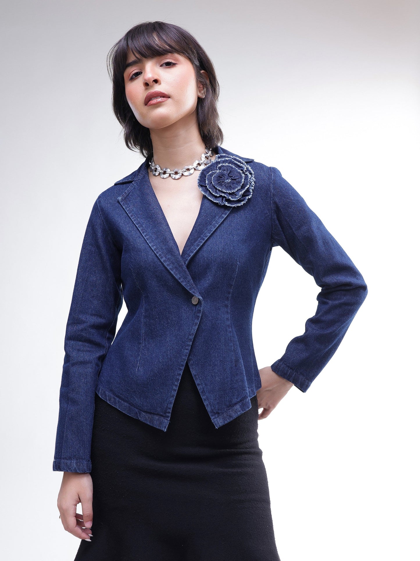 Navy Denim Front Corsage Blazer-SASSAFRAS