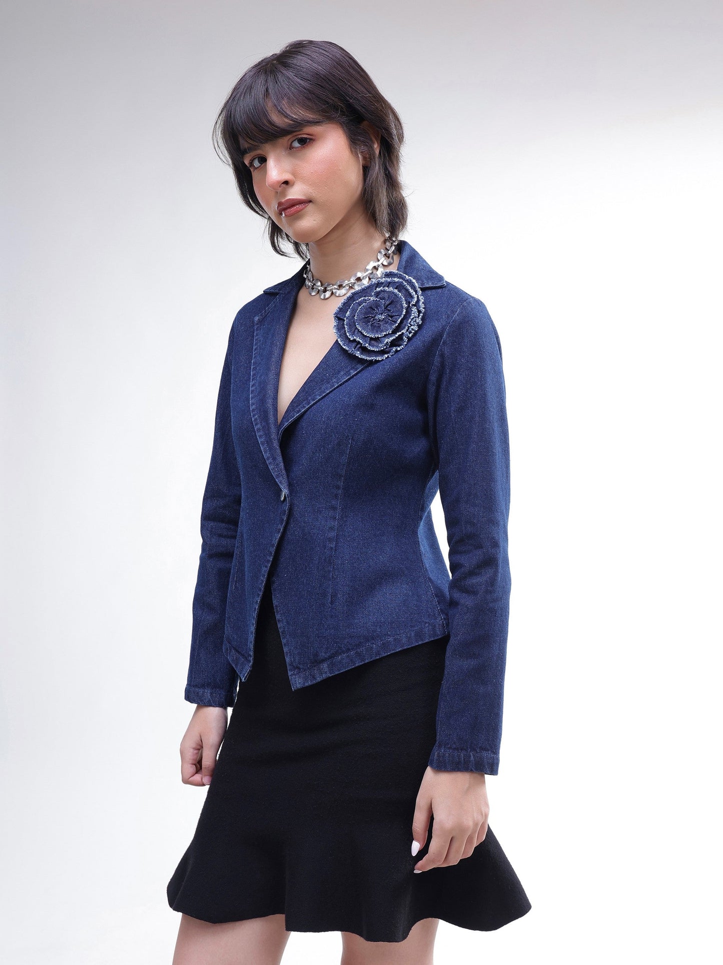 Navy Denim Front Corsage Blazer-SASSAFRAS