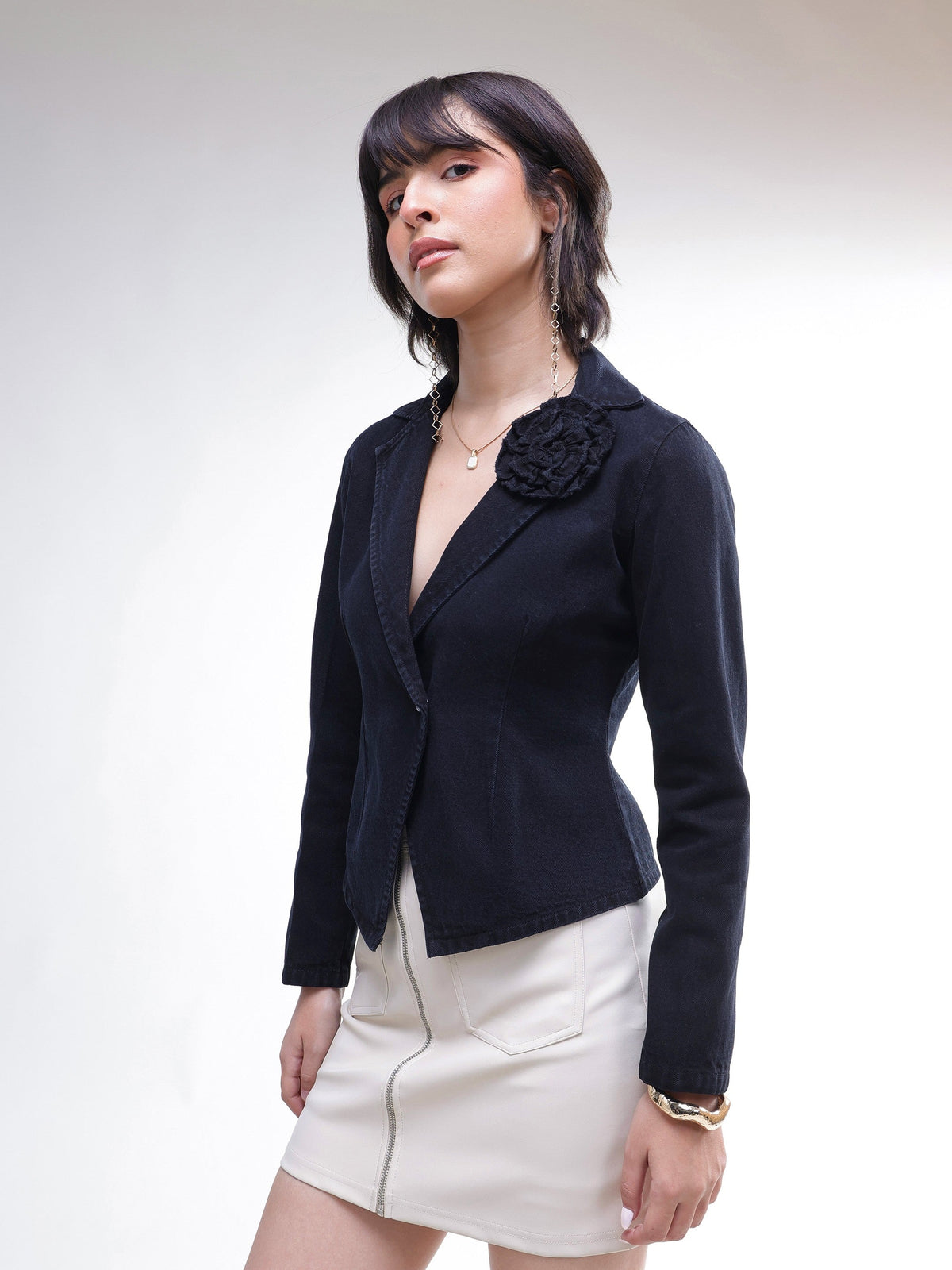 Black Denim Front Corsage Blazer-SASSAFRAS