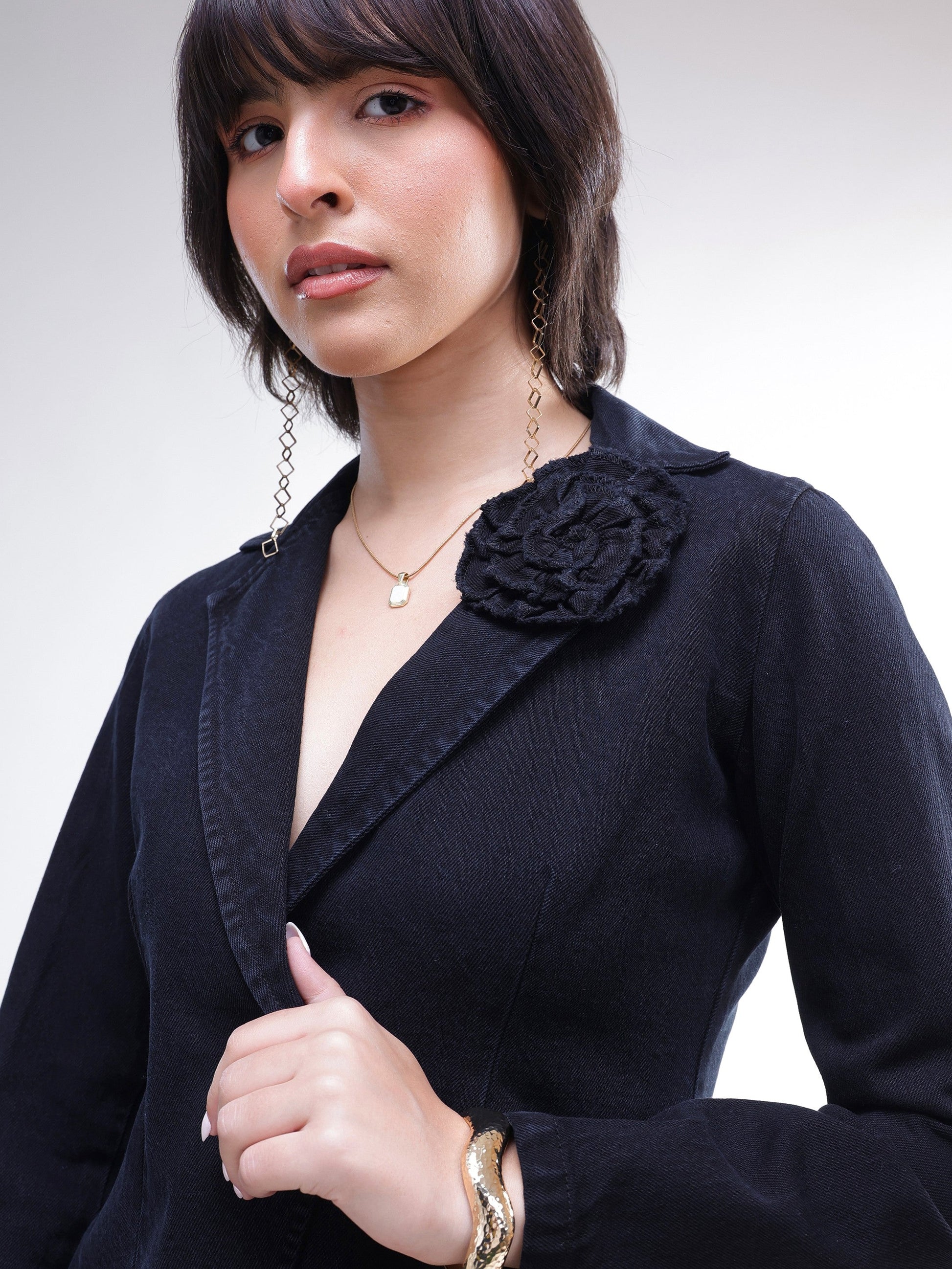 Black Denim Front Corsage Blazer-SASSAFRAS
