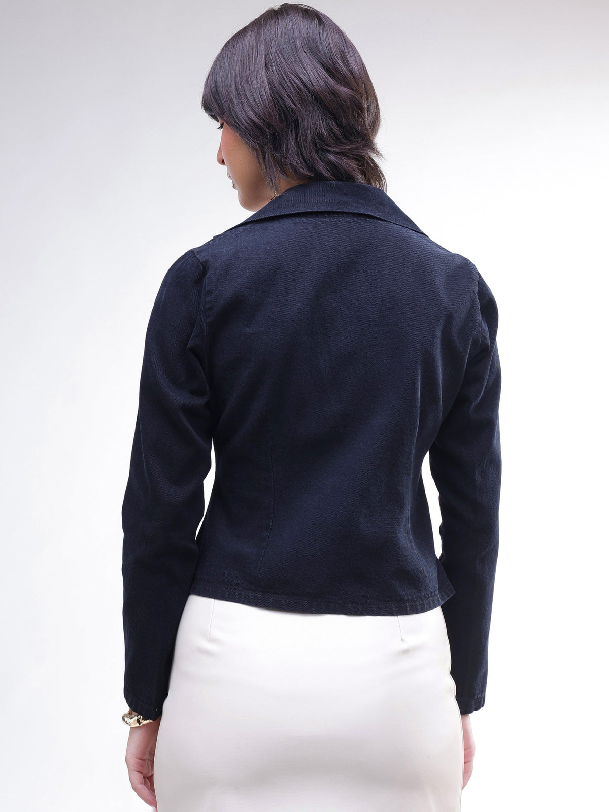 Black Denim Front Corsage Blazer-SASSAFRAS
