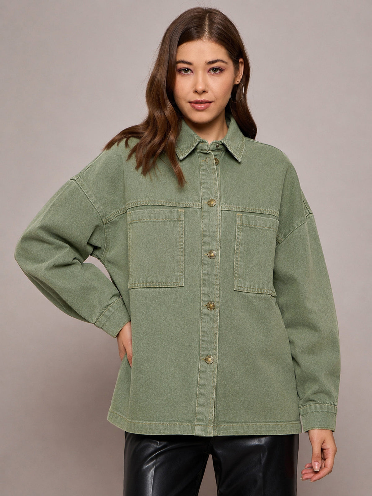Green Denim Oversized Jacket-SASSAFRAS BASICS