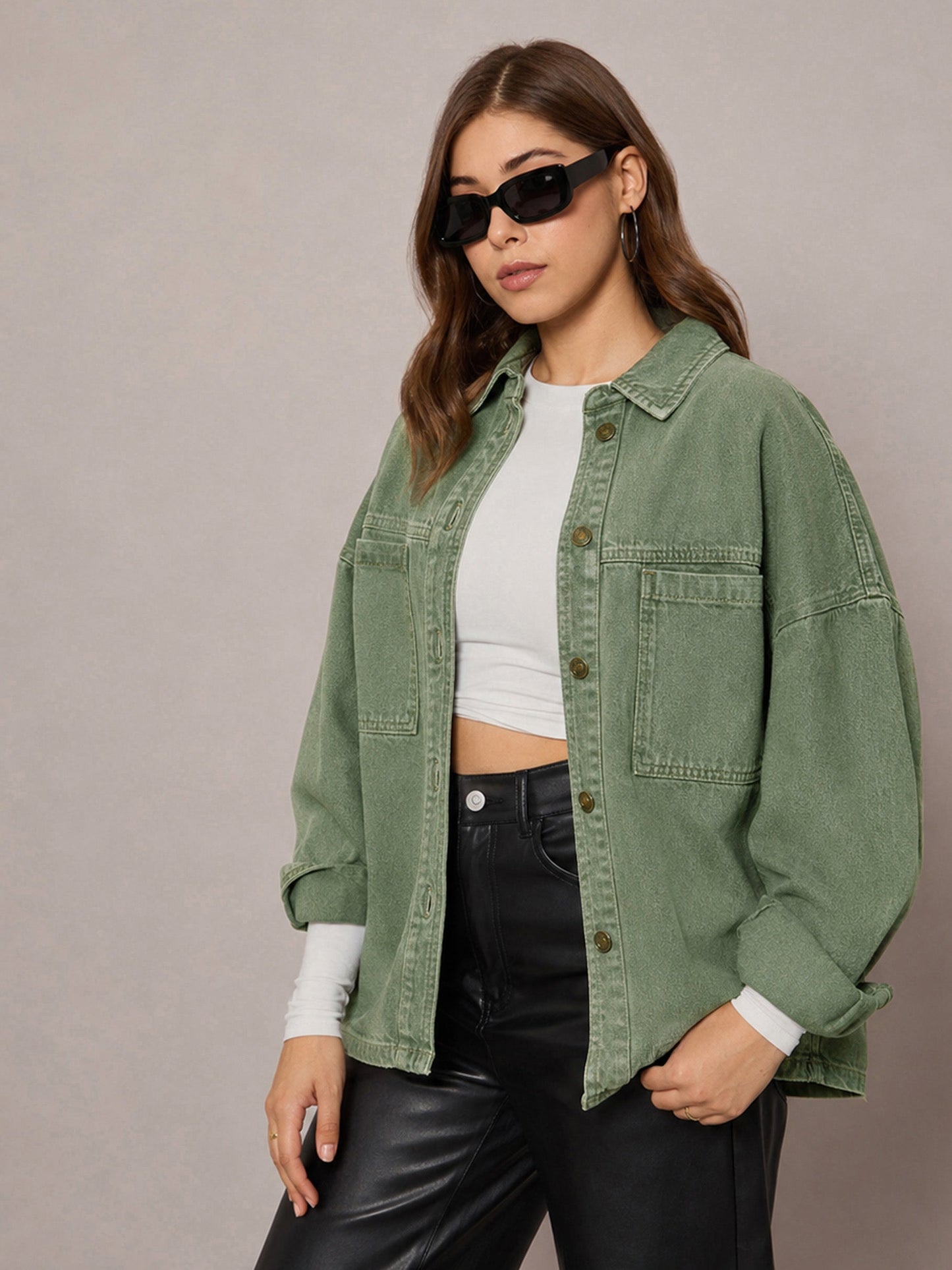 Green Denim Oversized Jacket-SASSAFRAS BASICS