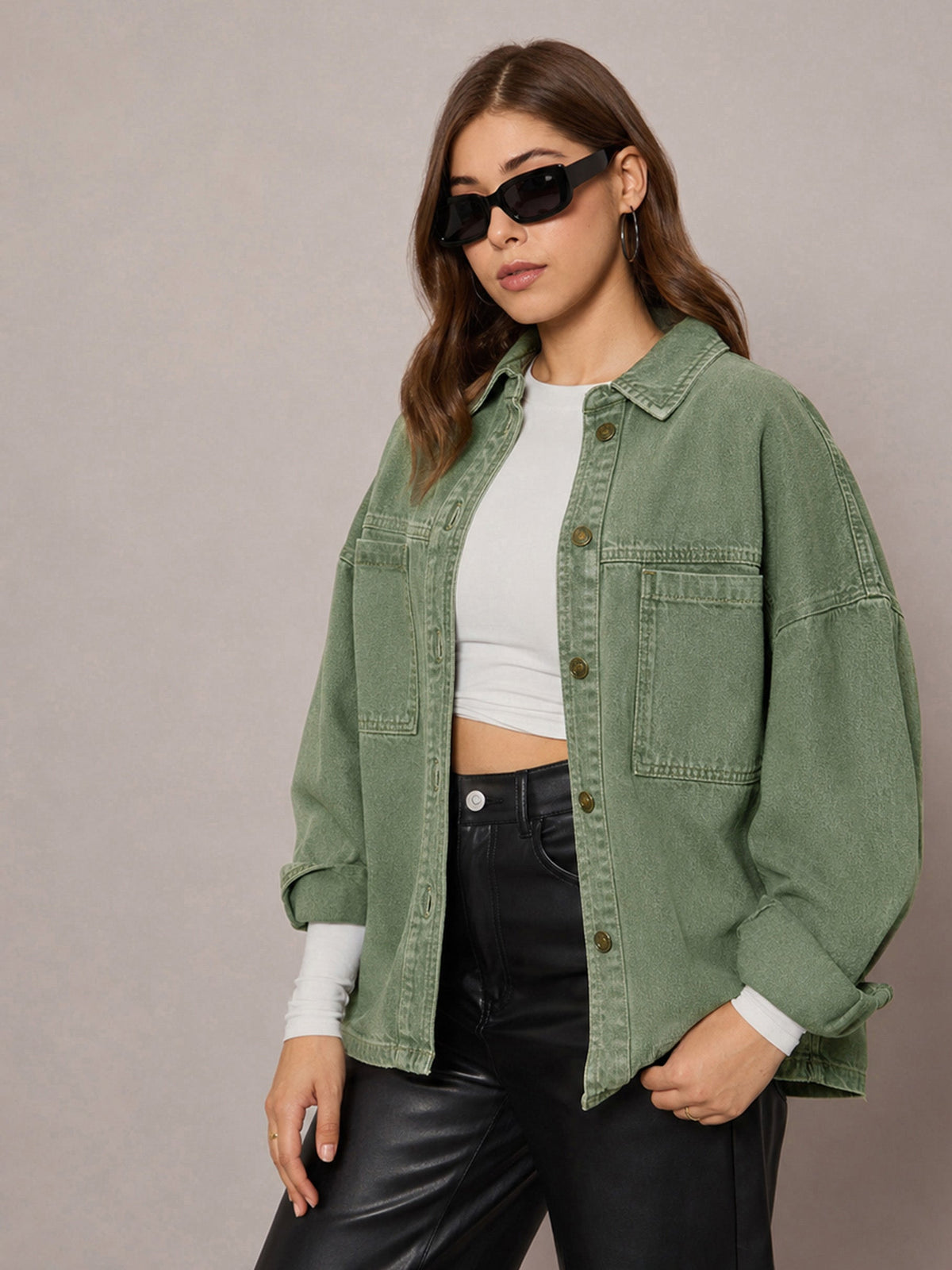 Green Denim Oversized Jacket-SASSAFRAS BASICS