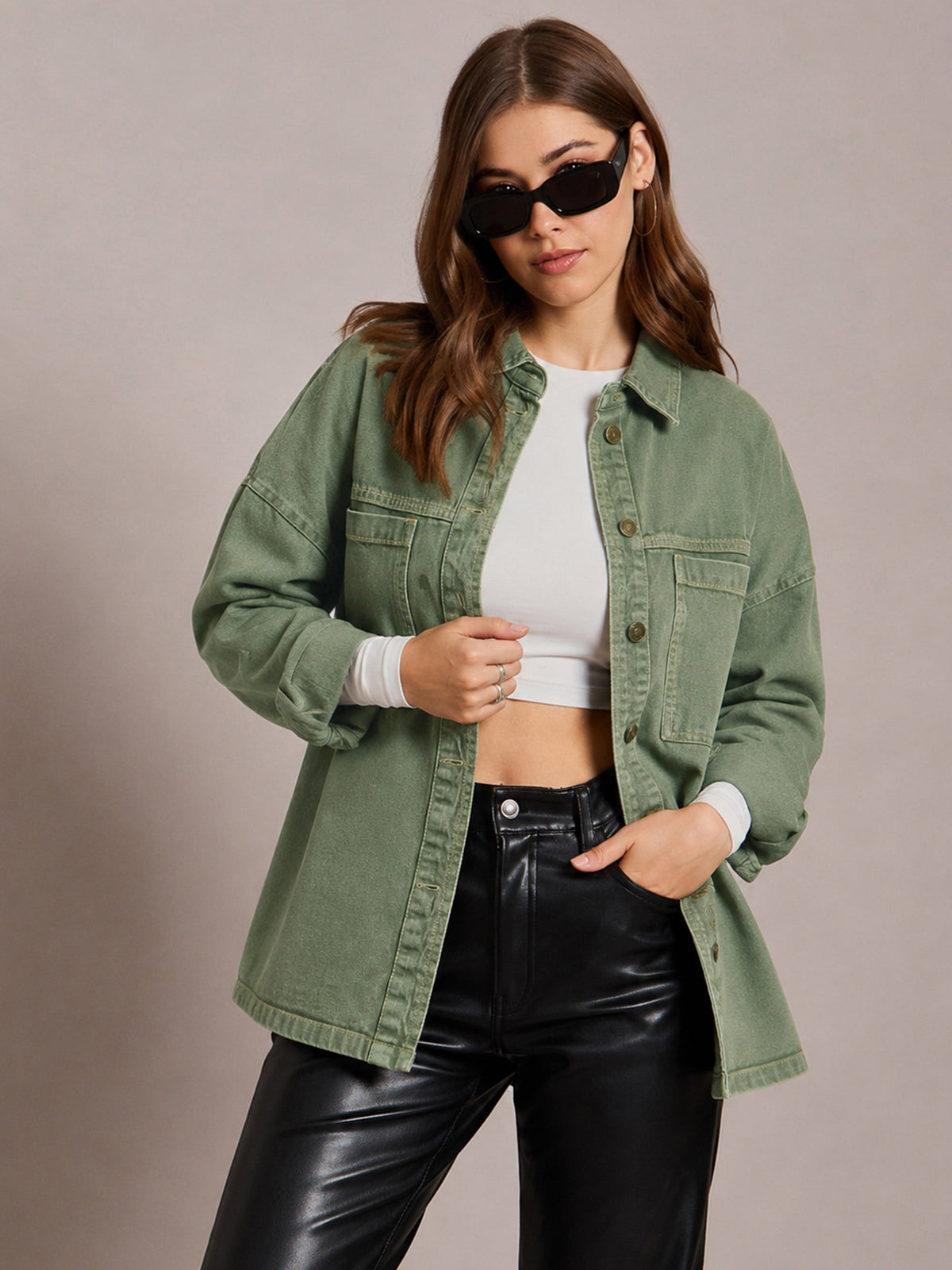 Green Denim Oversized Jacket-SASSAFRAS BASICS