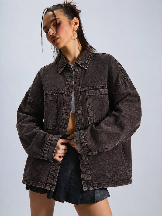 Brown Denim Oversized Jacket-SASSAFRAS BASICS