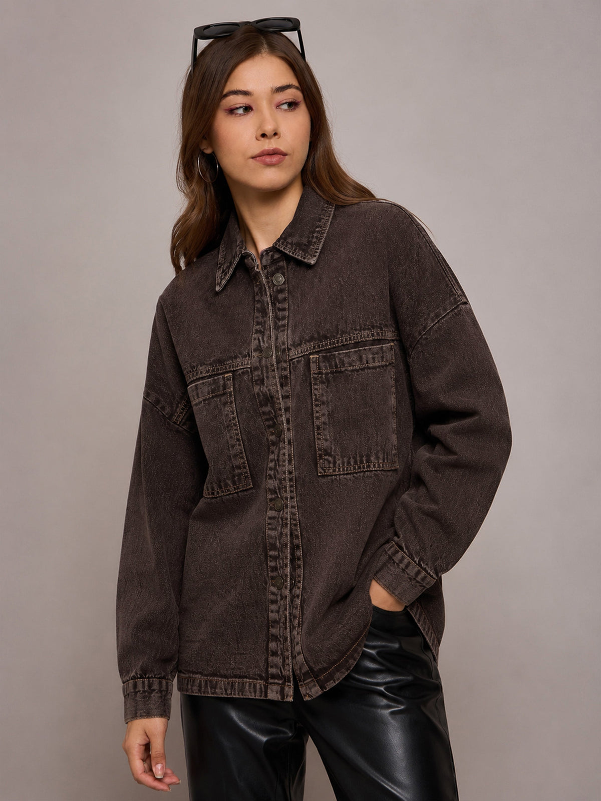 Brown Denim Oversized Jacket-SASSAFRAS BASICS
