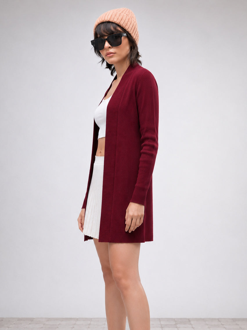Maroon Full Sleeves Rib Shrug-SASSAFRAS BASICS