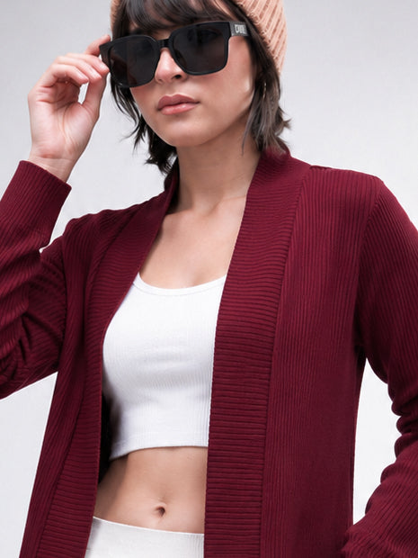 Maroon Full Sleeves Rib Shrug-SASSAFRAS BASICS