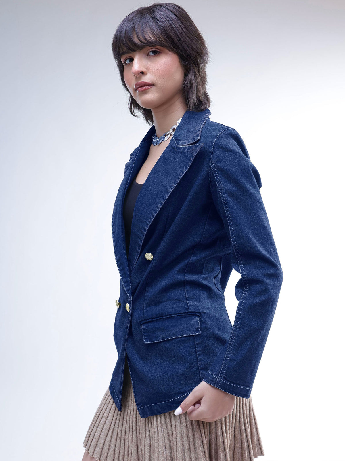 Navy Denim Notch Collar Oversize Blazer -SASSAFRAS